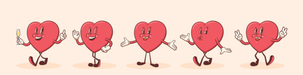 情人节复古风格的心形角色套装。卡通爱情节日人物集合。可爱的情人节吉祥物模板背景。快乐的复古酷插图组合。独立展示。图片下载
