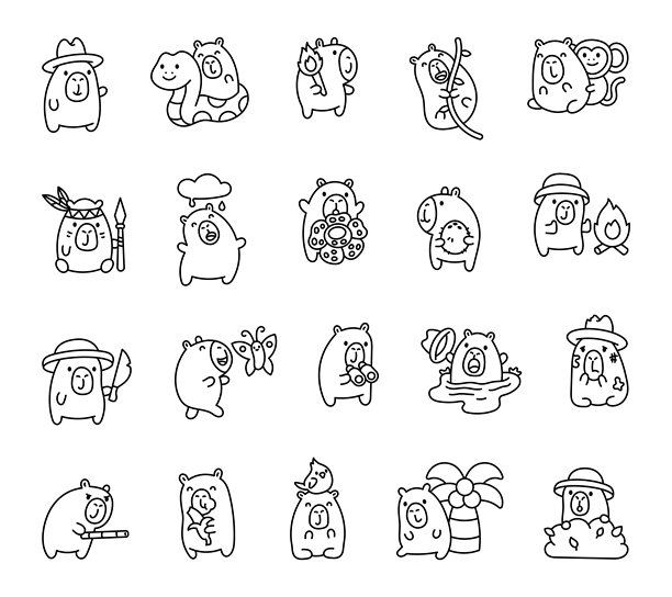 可爱的水豚角色组合在丛林生活中探索，展现迷人的表情、引人入胜的冒险、有趣的姿势和创意元素，采用令人愉悦的可爱卡通插画风格。图片下载