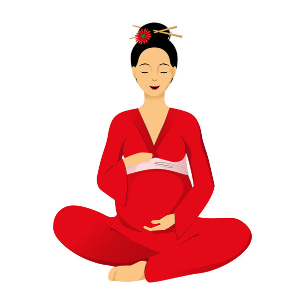 穿着红色和服的日本孕妇盘腿坐着，双手抱着肚子。图片下载