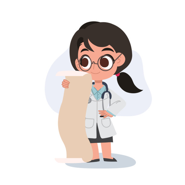 卡通女性医生正在查看一份长长的清单，适合医疗和健康相关的视觉素材图片下载