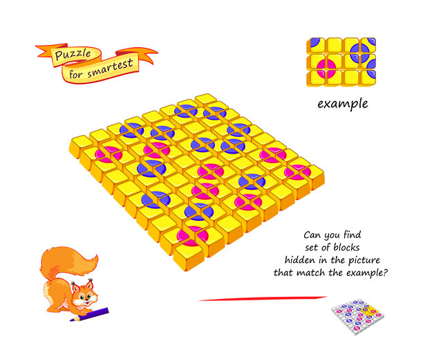 在图片中找到与示例匹配的隐藏积木。这是一个针对聪明人的逻辑游戏。3D拼图，培养空间思维。脑筋急转弯书的页面。平面矢量插图。智商测试。图片下载