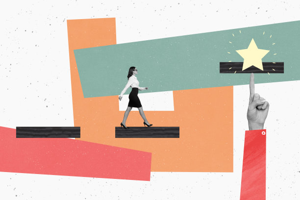 创意拼贴照片，女商人走向星星目标，指着职业晋升的目的，身着正式服装。图片下载