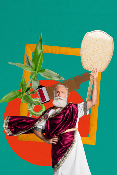 趋势艺术横幅草图 3D 照片拼贴，老年帝王手持镜子，古老文化，站立框架，复古胶卷带植物图片下载