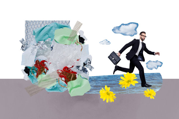 创意照片拼贴，年轻商人匆忙奔跑，手持公文包，员工们一片混乱，垃圾杂乱，野菊花盛开。图片下载