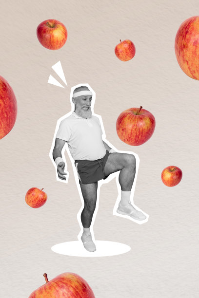复合趋势艺术作品草图，3D照片拼贴，黑白剪影老人在进行训练锻炼，健康运动员，巨大的苹果图片下载