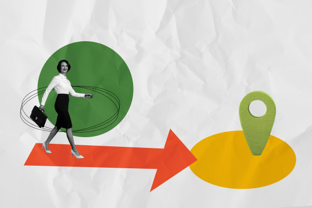 招聘人力资源职业的趋势艺术横幅素描照片拼贴，年轻女性穿着西装走在指向地点的箭头路上图片下载