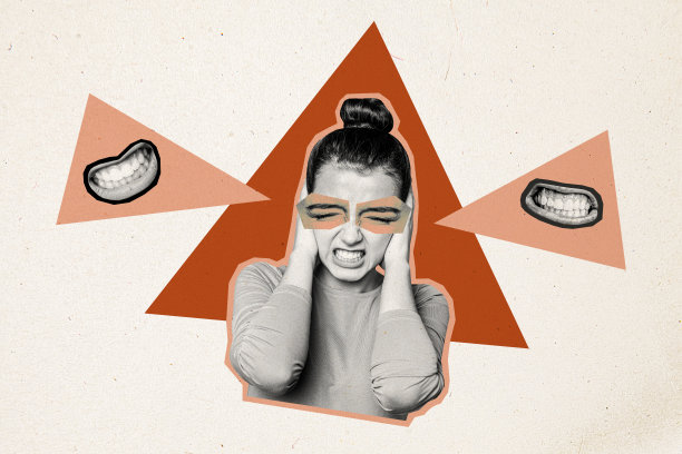 剪影年轻女性的素描图像合成艺术照片拼贴，表现出压力、疲惫、对噪音和坏消息感到厌倦的情绪，双手捂住耳朵。图片下载