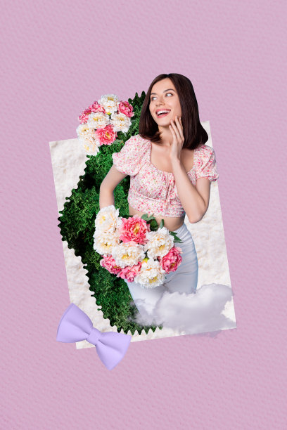 春季花卉的复合趋势艺术草图，3D照片拼贴，国际妇女节，年轻女士手持花束作为礼物图片下载