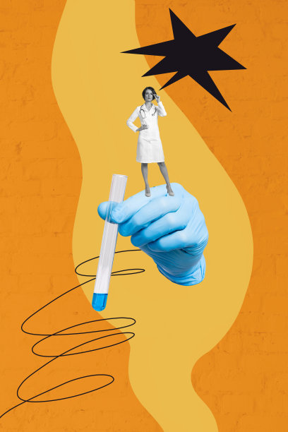 趋势艺术横幅草图 3D 照片拼贴 巨大的手戴着手套握着玻璃杯 年轻女士站在实验室的医生或药剂师身旁图片下载