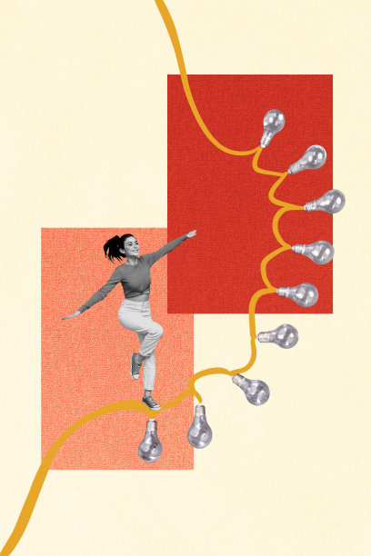 海报图像，垂直照片拼贴，快乐女孩在周末场合跳舞，彩带灯泡装饰，照明派对图片下载