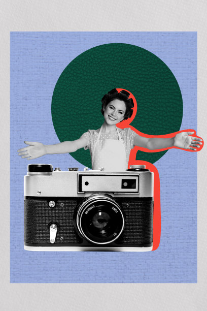 复合图像蒙太奇趋势艺术作品，3D拼贴，作者拍摄的瞬间照片，过时风格的家庭主妇，卷发发型，微笑图片下载