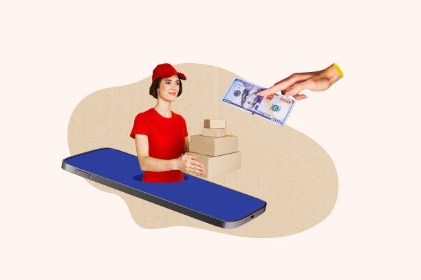 快乐的快递女孩手持包裹，透过手机屏幕查看美元支付，背景为涂鸦风格的画面拼贴照片。图片下载
