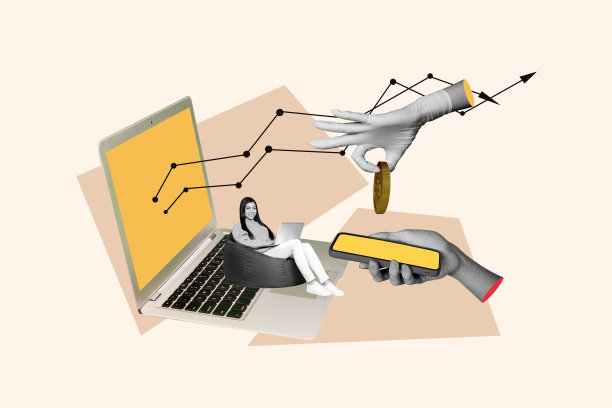 创意照片拼贴，坐着的年轻女孩交易员，成功赚取加密货币市场的收入，黄金代币，手机，笔记本电脑图片下载