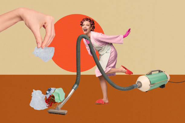 家务主妇年轻女性微笑着站在吸尘器旁，手里拿着垃圾，擦拭着的3D照片拼贴趋势模板图片下载