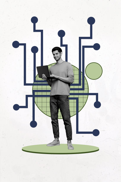 年轻程序员在虚拟空间中远程工作，使用笔记本电脑处理数据和信息技术的综合趋势艺术作品草图照片拼贴。图片下载