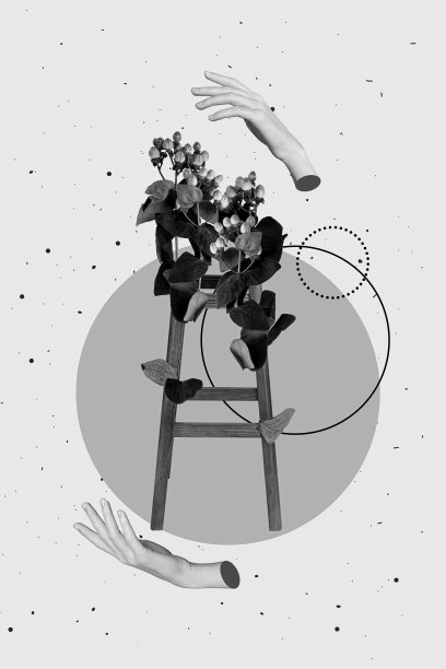 抽象超现实主义的拼贴照片，展示了生长的绿色美丽自然有机灌木花卉，置于蓝色背景上的木椅构图。图片下载