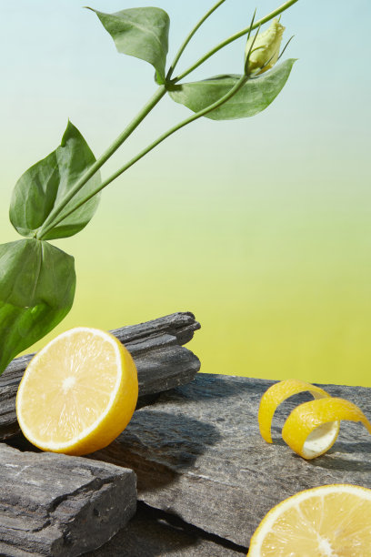 柠檬主题的渐变效果背景的创意照片，一个空的岩石基座，柠檬片，柠檬皮和花枝装饰。前视图，拷贝空间图片下载