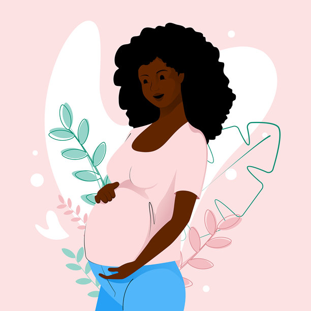 微笑的非裔美国孕妇，卷发，手托着肚子，背景是柔和的粉色花卉图案图片下载