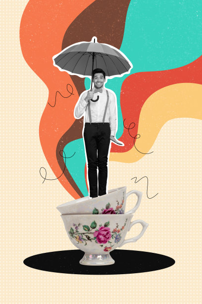 年轻男子在咖啡馆里开心地微笑，手持热饮杯和伞，享受有趣的3D照片拼贴艺术作品。图片下载