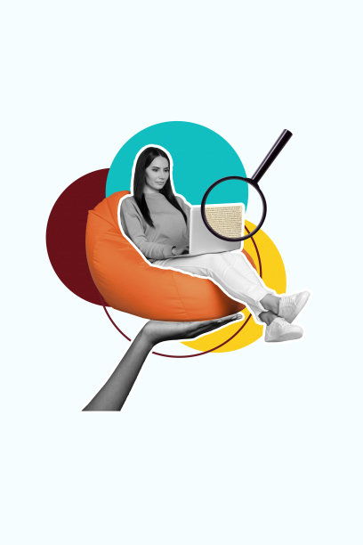 趋势艺术作品复合横幅 3D 照片拼贴，年轻女性手持豆袋，使用笔记本电脑，镜头聚焦，招聘企业家商务图片下载