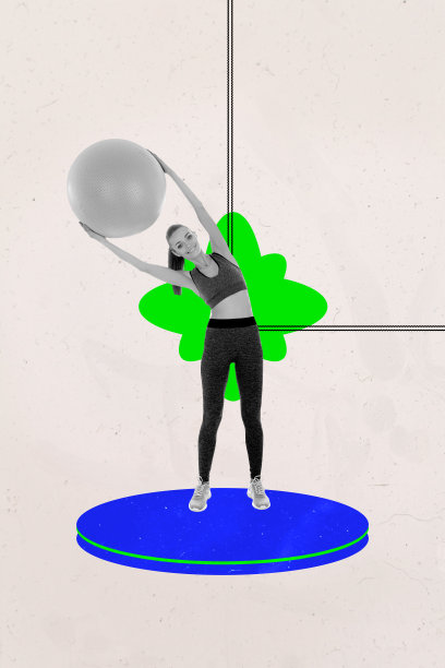 年轻女性手持健身球的3D照片拼贴艺术作品模板，展现运动强烈的健康生活方式。图片下载