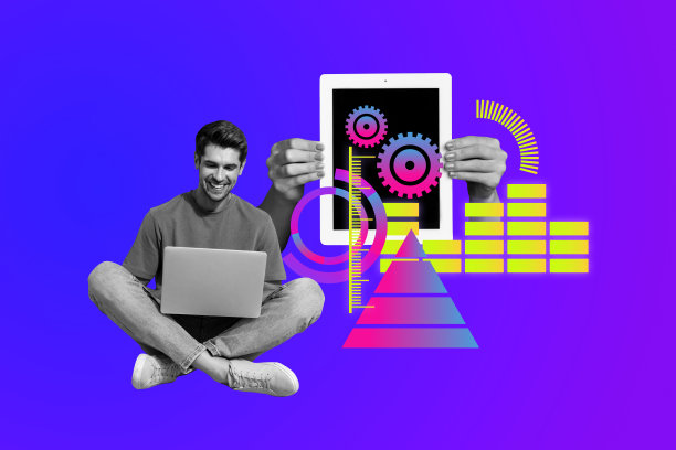 快乐的自由职业者在使用笔记本电脑，手中拿着电子书阅读器，展示科技界面的艺术拼贴横幅照片海报趋势。图片下载