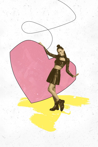 情人节二月假期的复合趋势艺术作品素描照片拼贴，心形年轻女士微笑着站立，模特摆姿势。图片下载