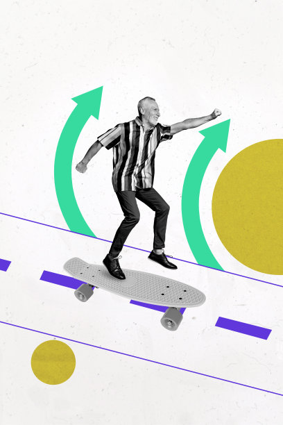 快乐老人在涂鸦背景上骑长板的垂直照片拼贴，展现了活动、方向、成功、发展和速度。图片下载