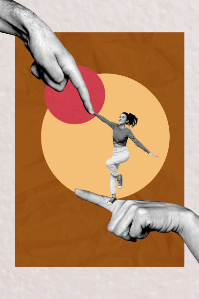 3D照片拼贴模板趋势艺术作品，合成符号手势，年轻女性微笑着站立，手指指向方向。图片下载