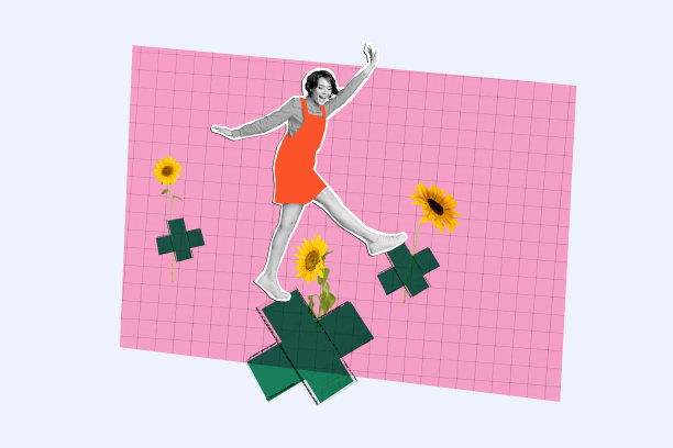 积极向上的时尚女孩在当地花园公园享受生活，周围是盛开的向日葵，背景为粉色格子图案的照片拼贴。图片下载