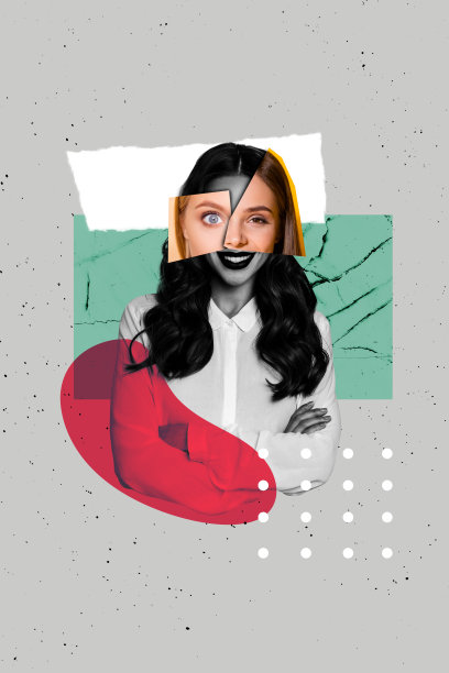 创意3D照片拼贴趋势艺术模板，年轻女性微笑的肖像，面部碎片，两部分凝视的眼睛，美容过程图片下载