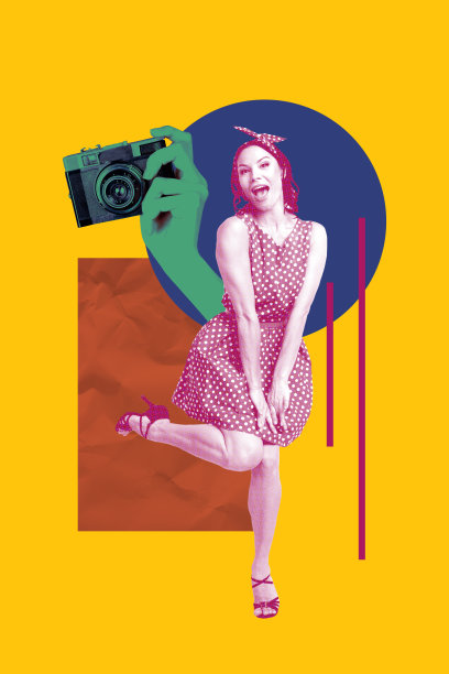 海报图像，垂直照片拼贴，快乐女孩时尚模特姿势，复古设备即时相机拍摄捕捉画面图片下载