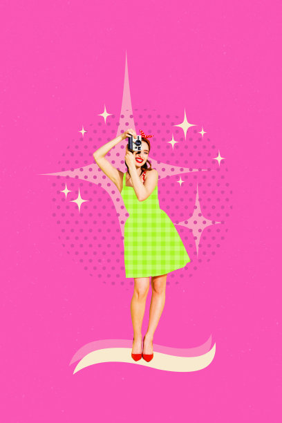 3D照片拼贴模板趋势艺术作品，合成了偷拍爱好者拍摄的年轻女士，手持相机拍照，展现了她的爱好与明星气质。图片下载