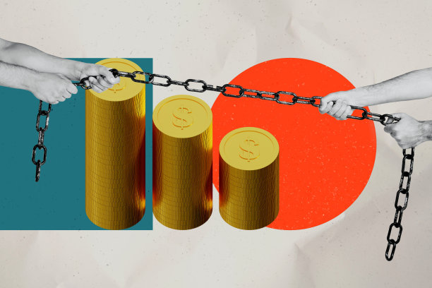 手握铁链拉力比赛的复合艺术照片拼贴模板，涉及金融市场、货币、美元、收益和硬币。图片下载