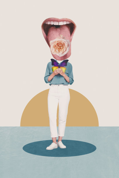 创意3D照片拼贴趋势艺术模板，展示年轻女性手持蝴蝶和玫瑰花的抽象嘴唇和舌头。图片下载