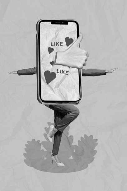 创意照片3D拼贴艺术海报，描绘了沉迷于博客的创作者，梦想获得更多客户的评价和反馈，背景为绘画风格。图片下载