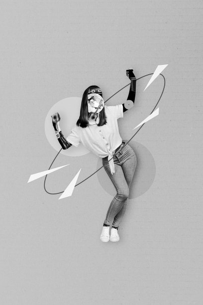 创意照片3D拼贴艺术，奇怪的女孩用迪斯科球代替脸，享受80年代和90年代的派对气氛，背景为绘画风格。图片下载