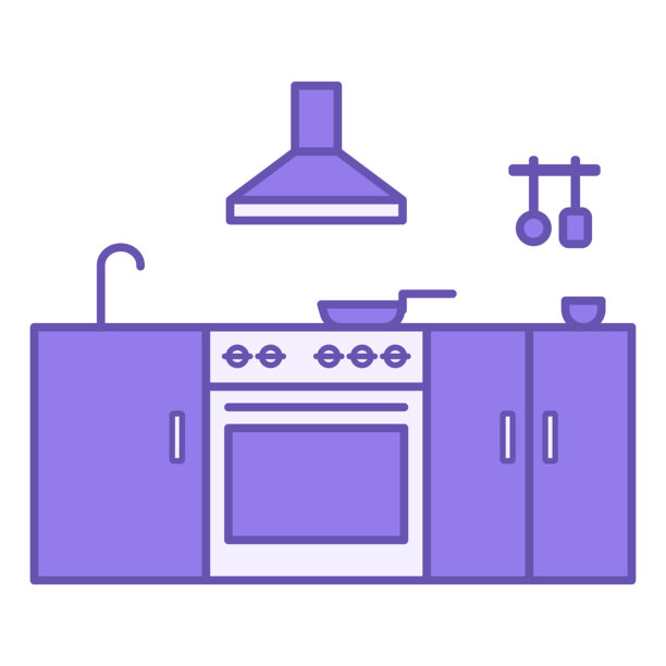 厨房颜色图标。矢量图标。现代厨房。带烤箱的炉灶、橱柜和抽油烟机。煎锅、水龙头和厨房用具。餐厅概念图片下载