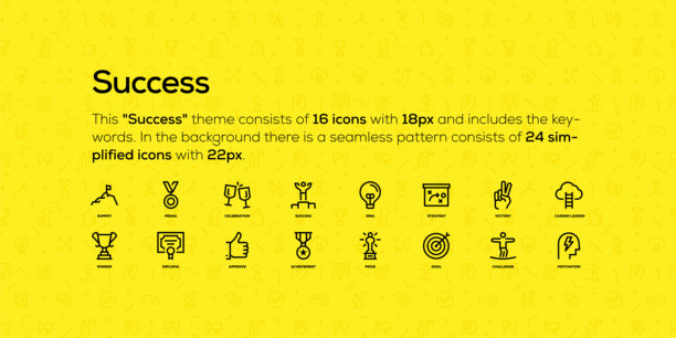 关于成功主题的行图标。在后台有一个无缝模式和简化的图标。图片下载