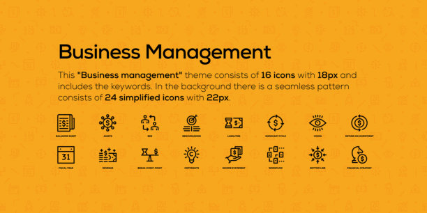 关于业务管理主题的行图标。在后台有一个无缝模式和简化的图标。图片下载