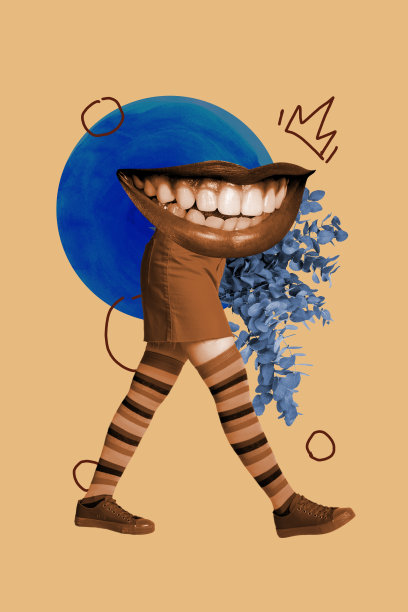 无身体的女孩嘴巴微笑，牙齿美白，穿着条纹长袜，腿部搭配运动鞋，周围有叶子，竖版艺术横幅拼贴。图片下载