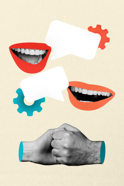 3D照片拼贴模板趋势艺术作品草图，嘴唇微笑，齿轮，言语信息网络，空文本框，握手交易手势图片下载