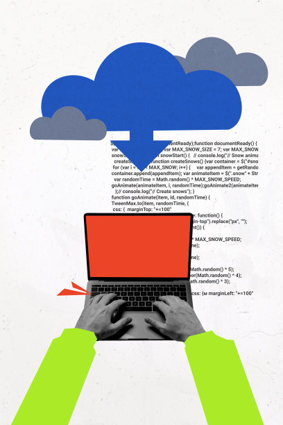 垂直照片拼贴，展示了自由职业者的手在笔记本电脑上输入数字代码，网页JavaScript页面，背景为涂鸦风格。图片下载
