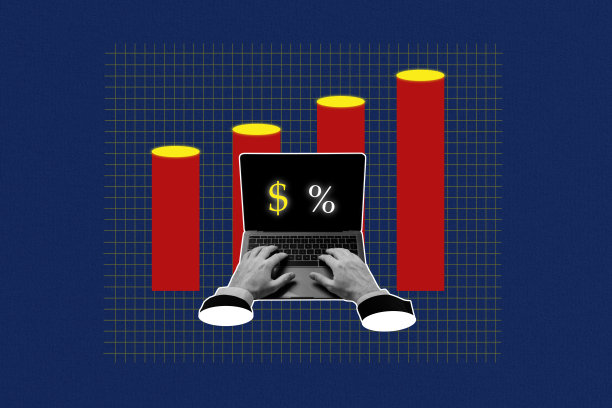 创意3D照片拼贴趋势艺术模板，包含目标交易者图形统计图表、设备、笔记本电脑、互联网在线、金钱百分比。图片下载