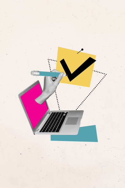 卡通素描3D创意照片拼贴，手伸出笔记本电脑屏幕，手持铅笔，勾选确认的便签，背景为米色。图片下载