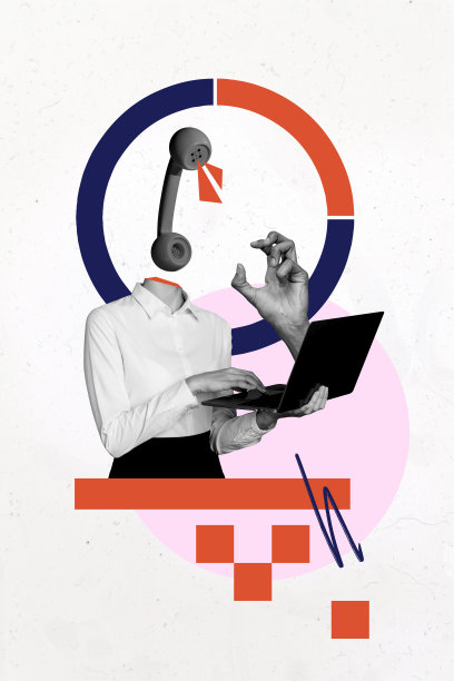 复合趋势艺术作品 3D 草图图像 照片拼贴 年轻女性无头 工作 笔记本电脑 手势出现 固定电话 头部服务图片下载