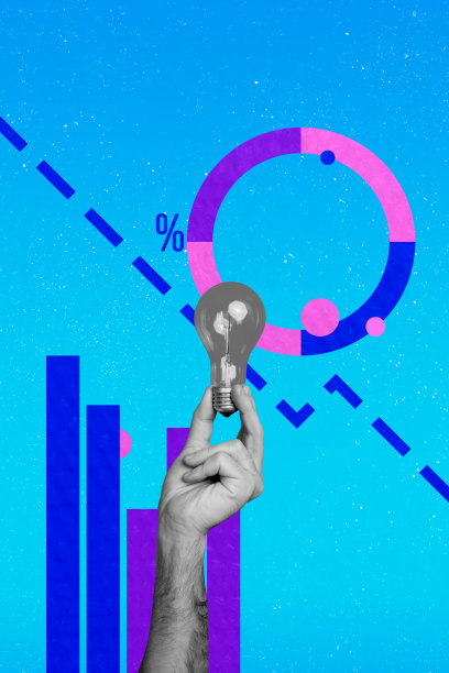 手握灯泡的垂直照片拼贴，展示计划发展图表、统计数据、创意发现进展百分比符号图片下载