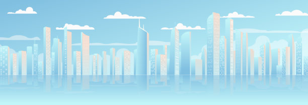 现代建筑的城市天际线在日落时分与城市背景的横向景观。不同建筑的城市景观。私人住宅，别墅。办公中心。城市景观，矢量插图。图片下载