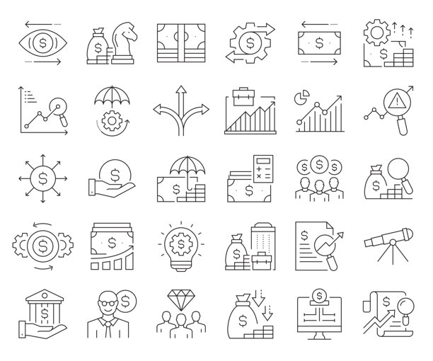 简单的财务策略相关的矢量线图标。大纲符号集合。可编辑的中风图片下载