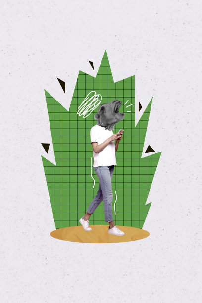 年轻的隐秘女性走路时盯着手机的合成趋势艺术素描图，头部是无头长颈鹿的头像拼贴画图片下载